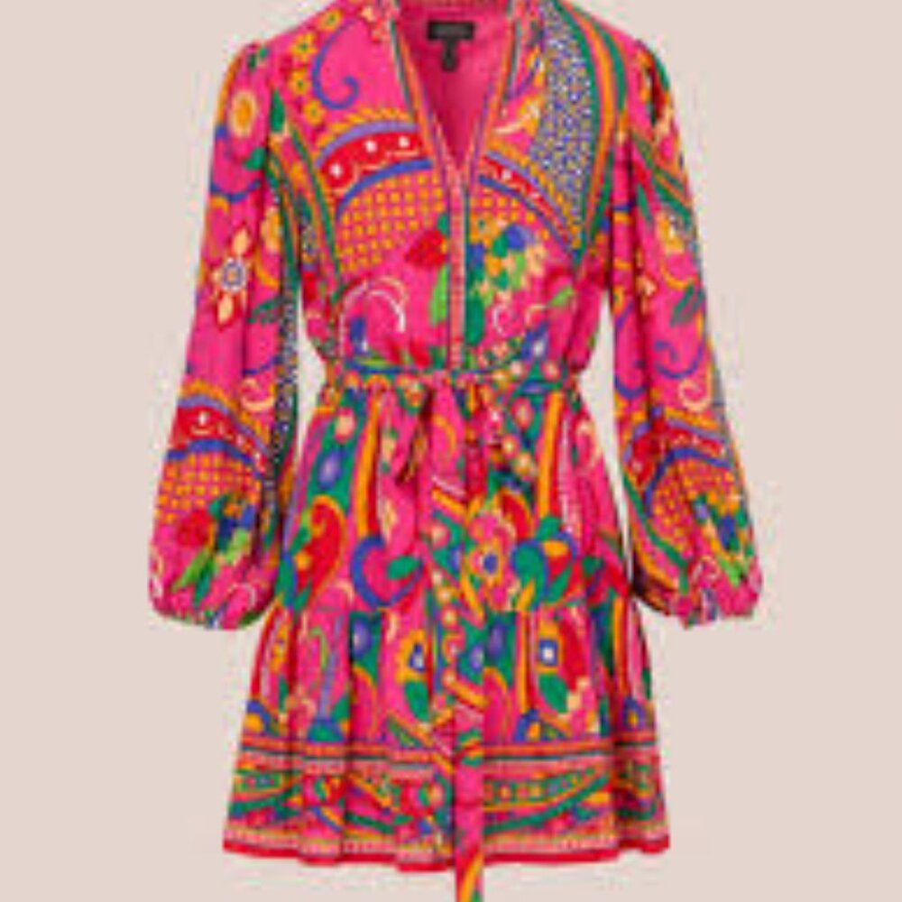 Adrianna by Adrianna Papell Abstract Printed Surplice V-Neck Long Sleeve Dress